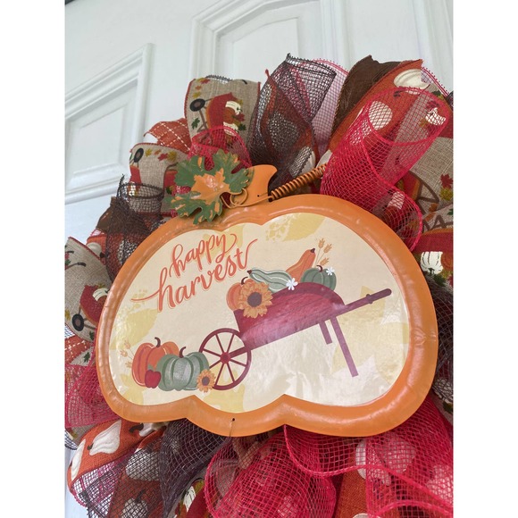 Happy Harvest Red Wheelbarrow Pumpkin Deco Mesh Ribbon Fall Storm Door Wreath - Picture 2 of 7